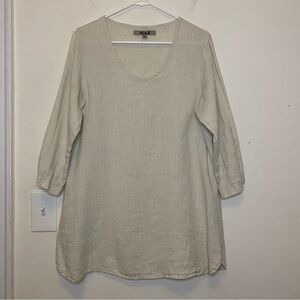 FLAX Linen Scoop Neck 3/4 Sleeve Tunic Top Beige Ivory Small Relaxed Lagenlook